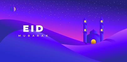 Eid Mubarak greeting card template night illustration mosque on desert islamic background vector