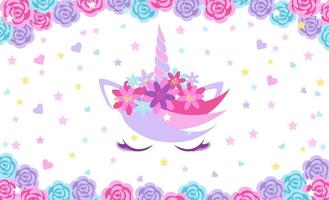 Background with the head of a magical unicorn with closed eyes, rainbow, hearts and stars. Template for design and decoration. vector