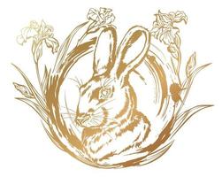 Golden image of a rabbit in irises. vector