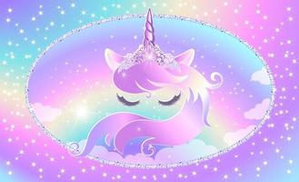 Fantasy background of magic rainbow sky with sparkles and glitter, winged unicorn. vector