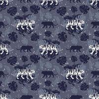 Tigers on a background of tropical leaves. Seamless pattern. vector