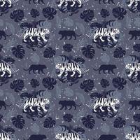 Tigers on a background of tropical leaves. Seamless pattern. vector