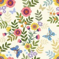 Cute flowers and leaf with butterfly on yellow background pattern. vector