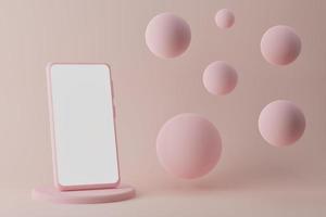 Modern smartphone on podium with flying bubbles on pink background, 3d render photo