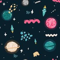 Space Seamless Pattern with Planets and Stars. Doodle Cartoon Cute Saturn Planet. Space Vector Background for Kids,