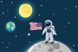 linda pequeño astronauta estar en el Luna con Estados Unidos bandera.espacio misión. infantil vector ilustración