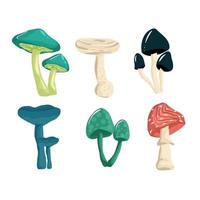 Set of mushrooms in the hand drawing style. Psychedelic abstract mushrooms, hippie style. Vector illustration isolated on a white background.