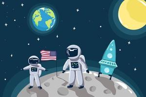 Cute little astronaut stand on the moon with USA flag.Space mission. Childish vector illustration
