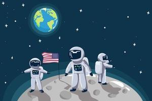 Cute little astronaut stand on the moon with USA flag. Space mission.Childish vector illustration
