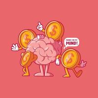 cerebro personaje rodeado por monedas vector ilustración. finanzas, dinero, aprendizaje diseño conceptos.