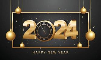 Happy new year 2024. 3d gold numbers with golden Christmas decoration and confetti on dark  background. Holiday greeting card design. vector