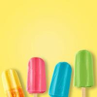 Colorful ice cream popsicles on yellow background, top view photo