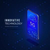 5G network innovation technology banner. Wireless systems and internet. Communication network. Mobile phone with internet speed indicator and global network. Vector illustration