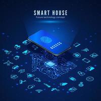 Smart House Concept. Smartphone with Fingerprint on Screen and Icons Set. Smart Home Monitoring and Control Systems. Vector Illustration