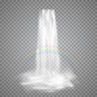 Realistic nature stream of waterfall with clear water rainbow and fog. Vector