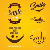 Set of funny emblem design World Smile Day vector on the yellow background