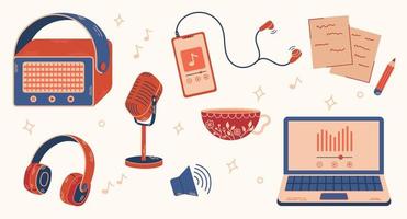 Hand drawn illustrations for recording and listening podcast, music, speech. Set of elements of devices with microphone, music speaker, laptop, headphones, smartphone. vector