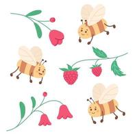 Vector seamless pattern with raspberry, bees and flower. Hand drawn illustration of bees in a minimalistic style in pastel colors.