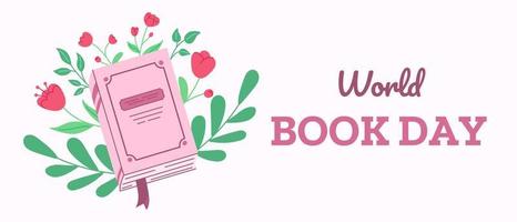 Horizontal banner for world book day celebration. Flat cartoon illustration of book and flowers. vector