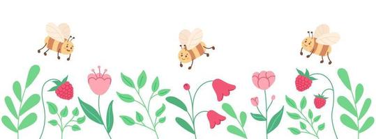 Spring horizontal background with flowers and bees for banner, flyer, wallpaper, brochure, greeting card. Bees fly over flowers and leaves. Hand drawn illustration in a minimalistic style. vector