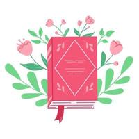 Hand drawn book with flowers in trendy style isolated on white background. Colored flat illustration elements for poster, banner, card, sticker. vector