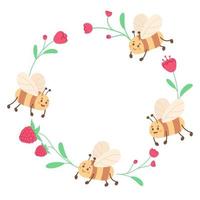 Vector floral concept of circle frame. Minimalistic hand drawn flowers and bees.Spring decor.