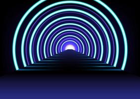Abstract futuristic technology background with light effect. Tunnel optical illusion, spaceship corridor, science or teleport illuminating with fluorescent neon light. Vector illustration