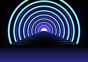 Abstract futuristic technology background with light effect. Tunnel optical illusion, spaceship corridor, science or teleport illuminating with fluorescent neon light. Vector illustration