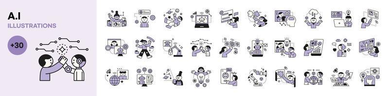 The Age of AI. Intelligence Meets Technology. Get information from Ai, do business, and illustration. mega set. vector