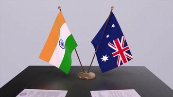 Australia and India national flags. Partnership deal animation, politics and business agreement cooperation video