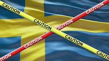 Sweden national flag with caution tape animation. Social issue in country, news illustration video