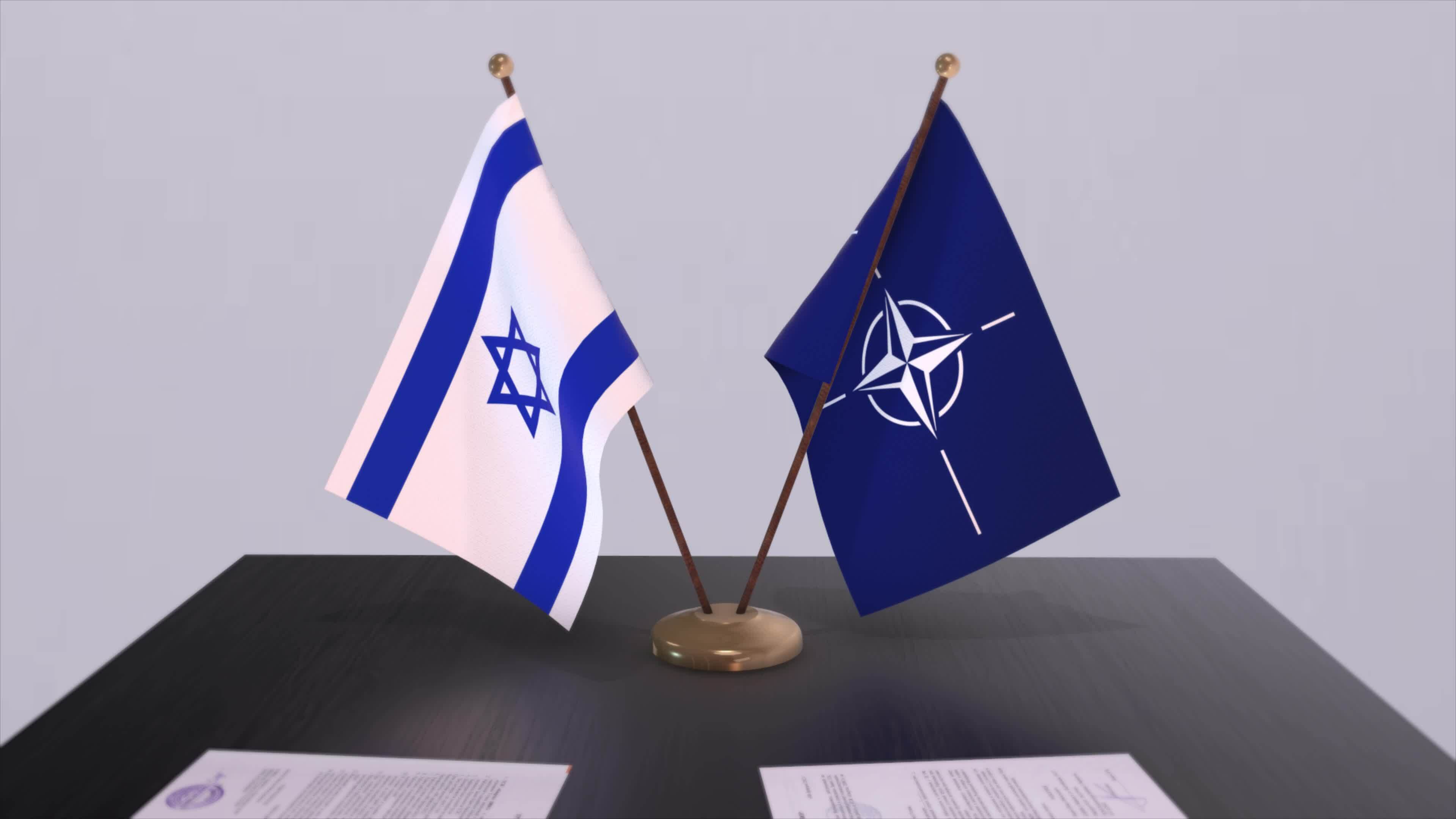 Israel country national flag and NATO flag. Politics and diplomacy