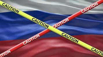 Russia national flag with caution tape animation. Social issue in country, news illustration video