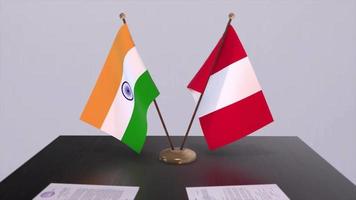 Peru and India national flags. Partnership deal animation, politics and business agreement cooperation video