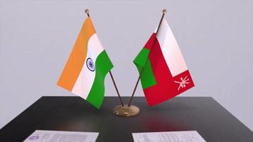 Oman and India national flags. Partnership deal animation, politics and business agreement cooperation video