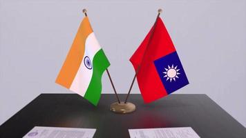 Taiwan and India national flags. Partnership deal animation, politics and business agreement cooperation video