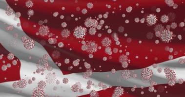 Denmark national flag closeup waving animation background with virus molecules, epidemic pandemia video