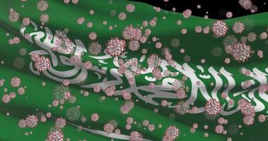 Saudi Arabia national flag closeup waving animation background with virus molecules, epidemic pandemia video