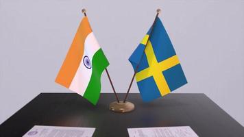 Zweden en Indië nationaal vlaggen. vennootschap transactie animatie, politiek en bedrijf overeenkomst samenwerking video