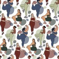 A pattern with beautiful different plump women in tracksuits. Contour with color in different angles of a large woman with spots on the background. Bodypositive female body. Printing on paper vector