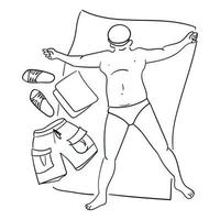 Beach vibe, pot-bellied man sunbathing in the sun. Vector design of a summer poster in a simple style. Contour illustration in the form of a sketch of a mature man sunbathing on the sand