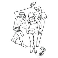 Beach atmosphere, an adult couple lying in the sun. Vector design of a summer poster in a simple style. Contour illustration depicting a couple of elderly sunbathing on the sand Print banner and flyer