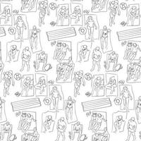 Vector pattern with people sunbathing on the beach in trendy flat style. A linear outline as a sketch on a white background. A small sketch for the background. printing on textiles and paper