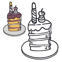 Coloring book with a cute cartoon cake with an example for coloring. Monochrome and color versions. Vector illustration. A simple cake with a bright outline. Cute coloring book for kids.