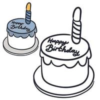 Coloring book with a cute cartoon cake with an example for coloring. Monochrome and color versions. Vector illustration. A simple cake with a bright outline. Cute coloring book for kids.