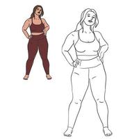 The outline of a full female figure in a tracksuit is engaged. Outline of a silhouette of a large woman in underwear. Bodypositive female body. Vector illustration. Color and contour illustration