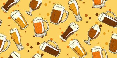 A pattern of beer glasses, mugs. Graphics on a yellow background. Vintage vector illustration for poster printing, party invitations. Hand-drawn background, with the effect of beer bubbles