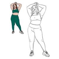 The outline of a full female figure in a tracksuit is engaged. Outline of a silhouette of a large woman in underwear. Bodypositive female body. Vector illustration. Color and contour illustration