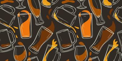 A pattern of beer glasses, mugs with beer varieties. Graphics on a dark background. Vintage vector illustration for poster printing, party invitations. Glass mugs with the effect of pouring beer