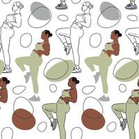 A pattern where a beautiful plump woman in a tracksuit does stretching. Contour, contour and color, the color of a large woman with spots on the background. Bodypositive female body. Printing on paper vector